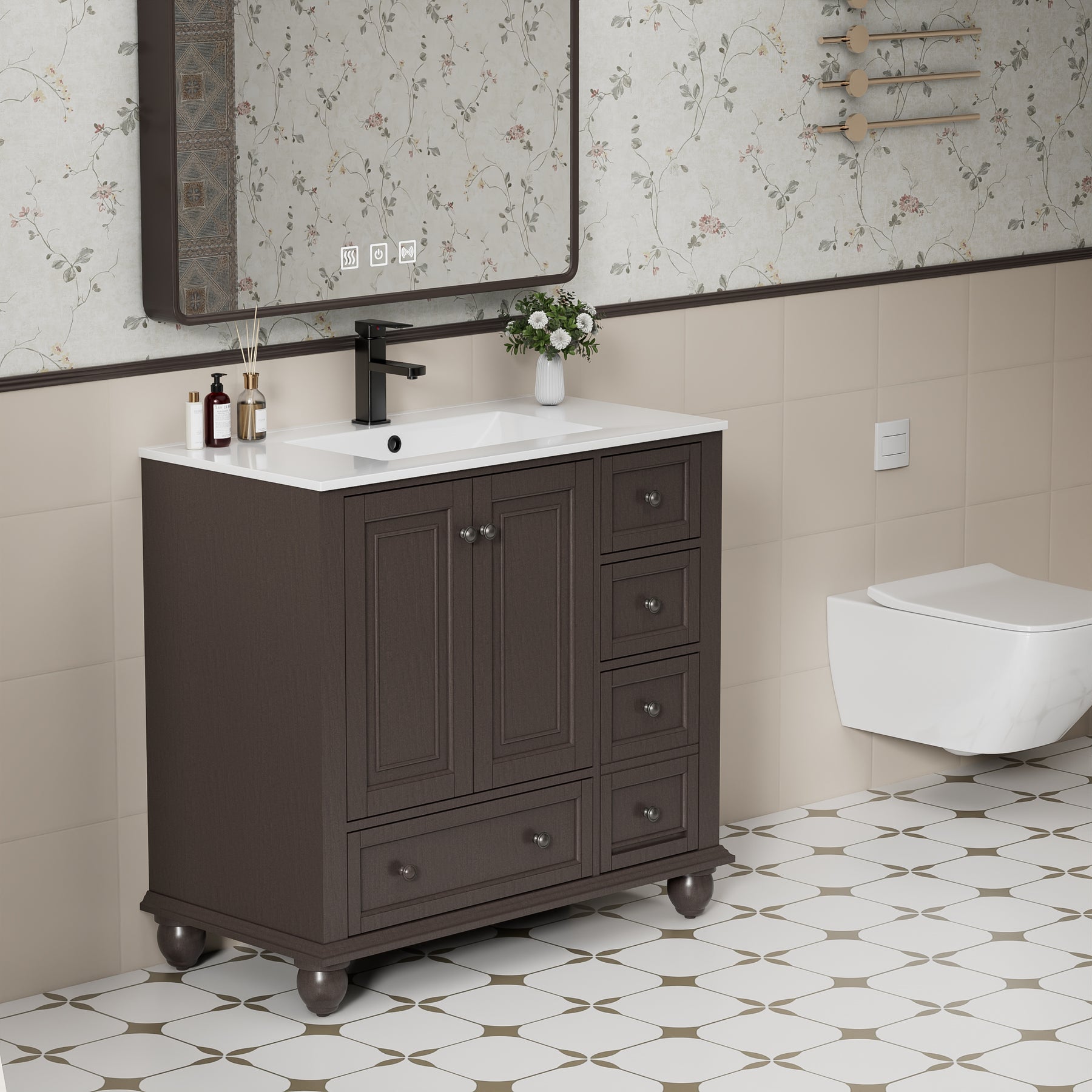 Retro 36" Freestanding Bathroom Vanity Combo with Single Undermount Sink, French Style