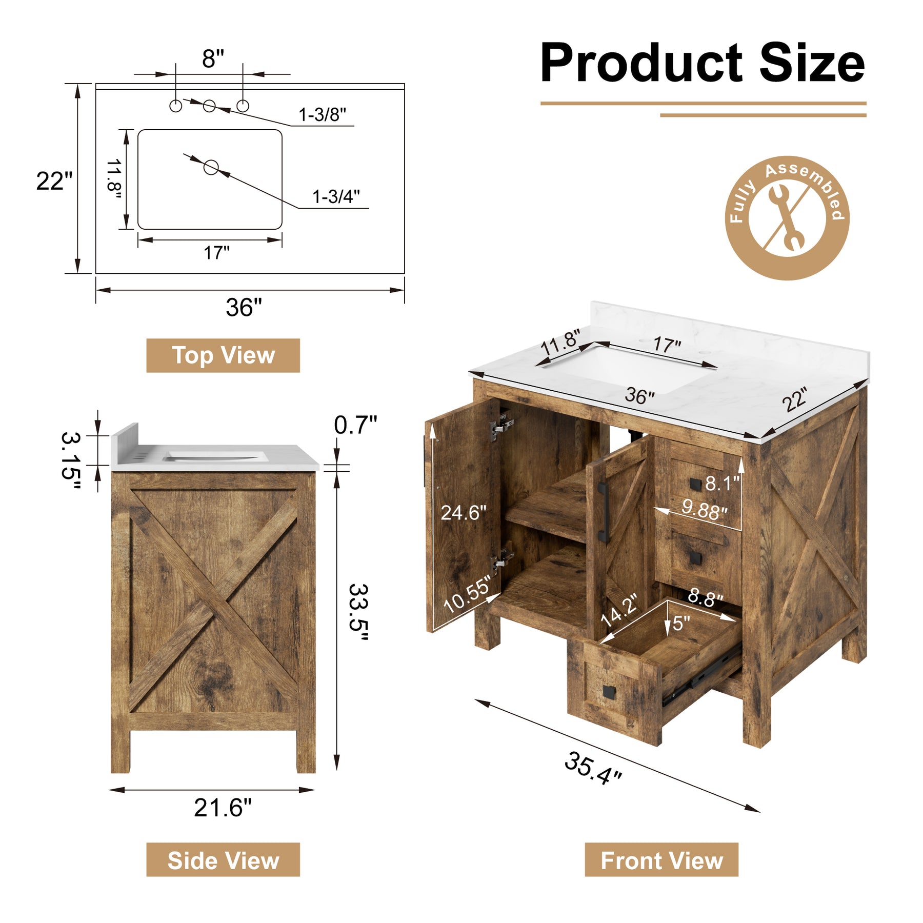 Luxurious 36'' Fully Assembled Bathroom Vanity with Single Undermount Sink Combo,Forked Door