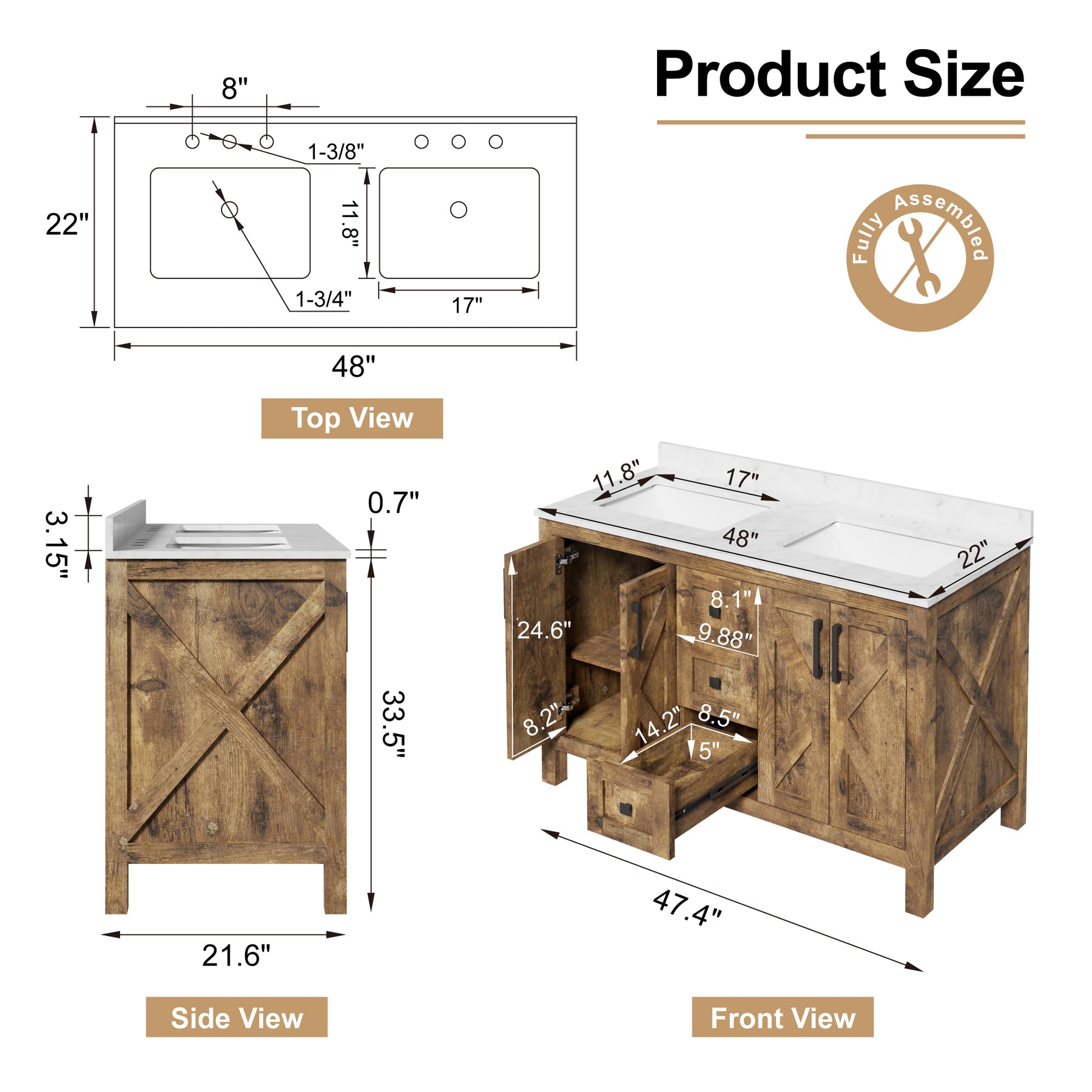 Luxurious 48'' Fully Assembled Bathroom Vanity with Double Undermount Sinks Combo,Forked Door