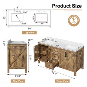 Luxurious 60'' Fully Assembled Bathroom Vanity with Double Undermount Sinks Combo,Forked Door