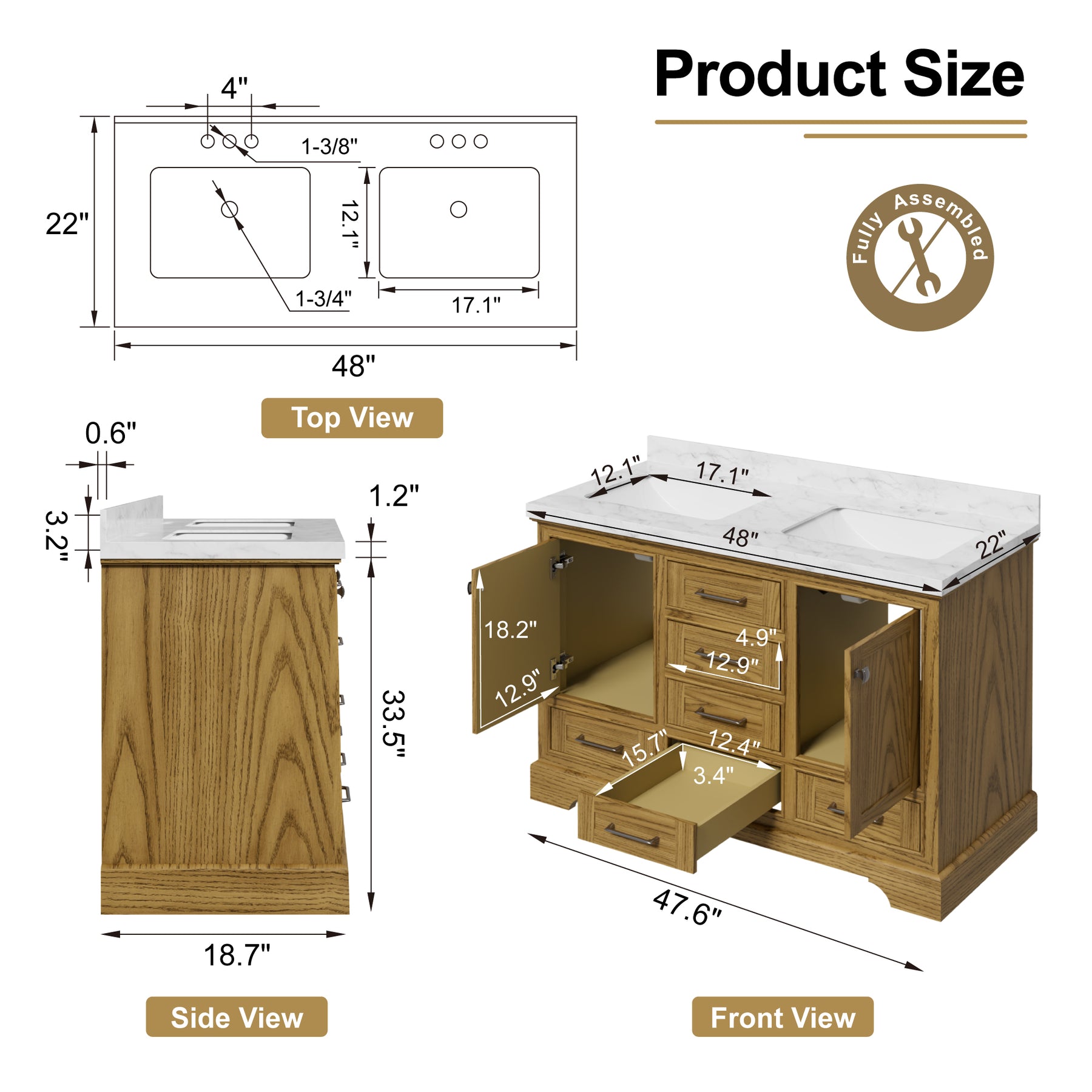 Luxurious 48'' Fully Assembled Bathroom Vanity with Dual Undermount Sink Combo