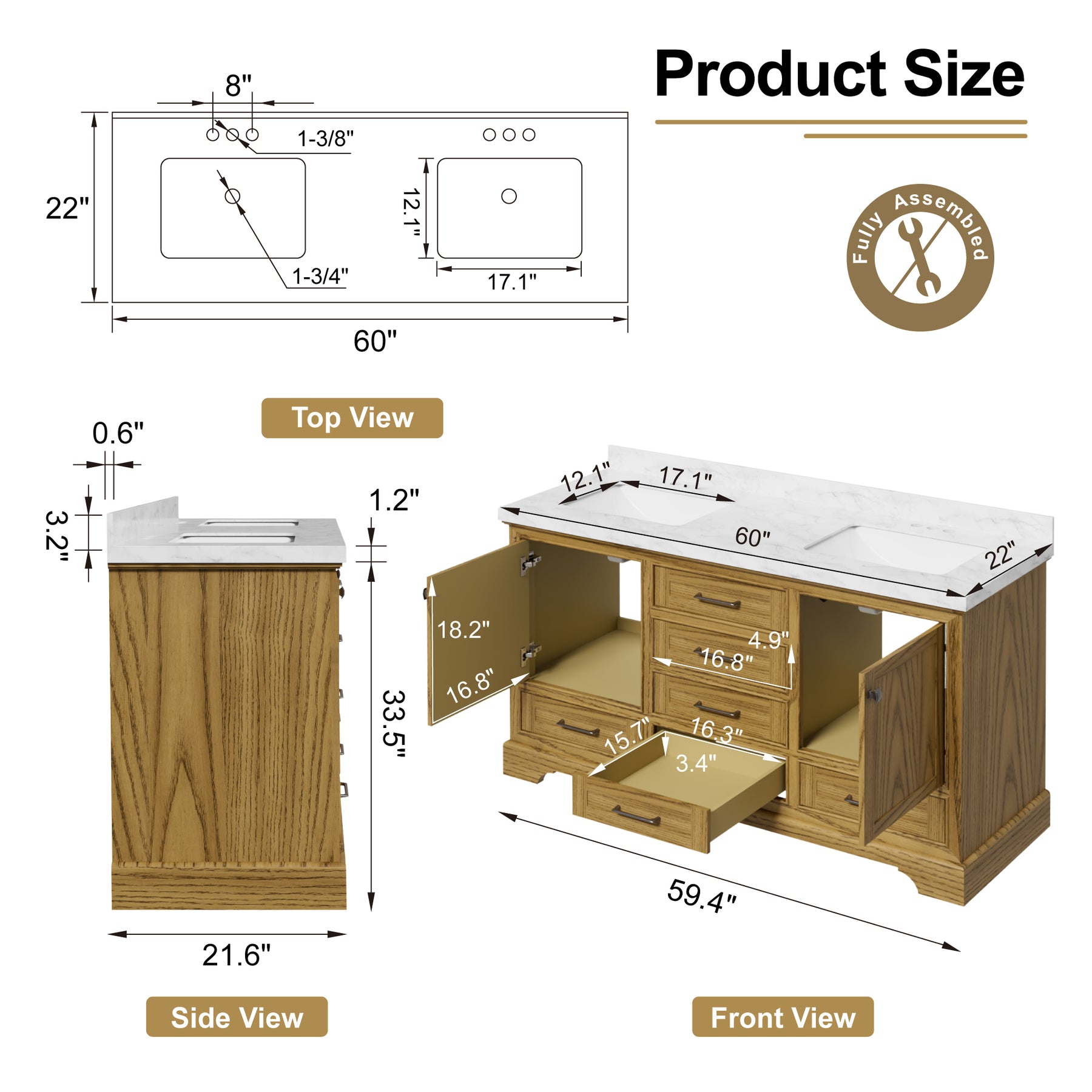 Luxurious  60'' Fully Assembled  Bathroom Vanity with Dual Undermount Sink Combo