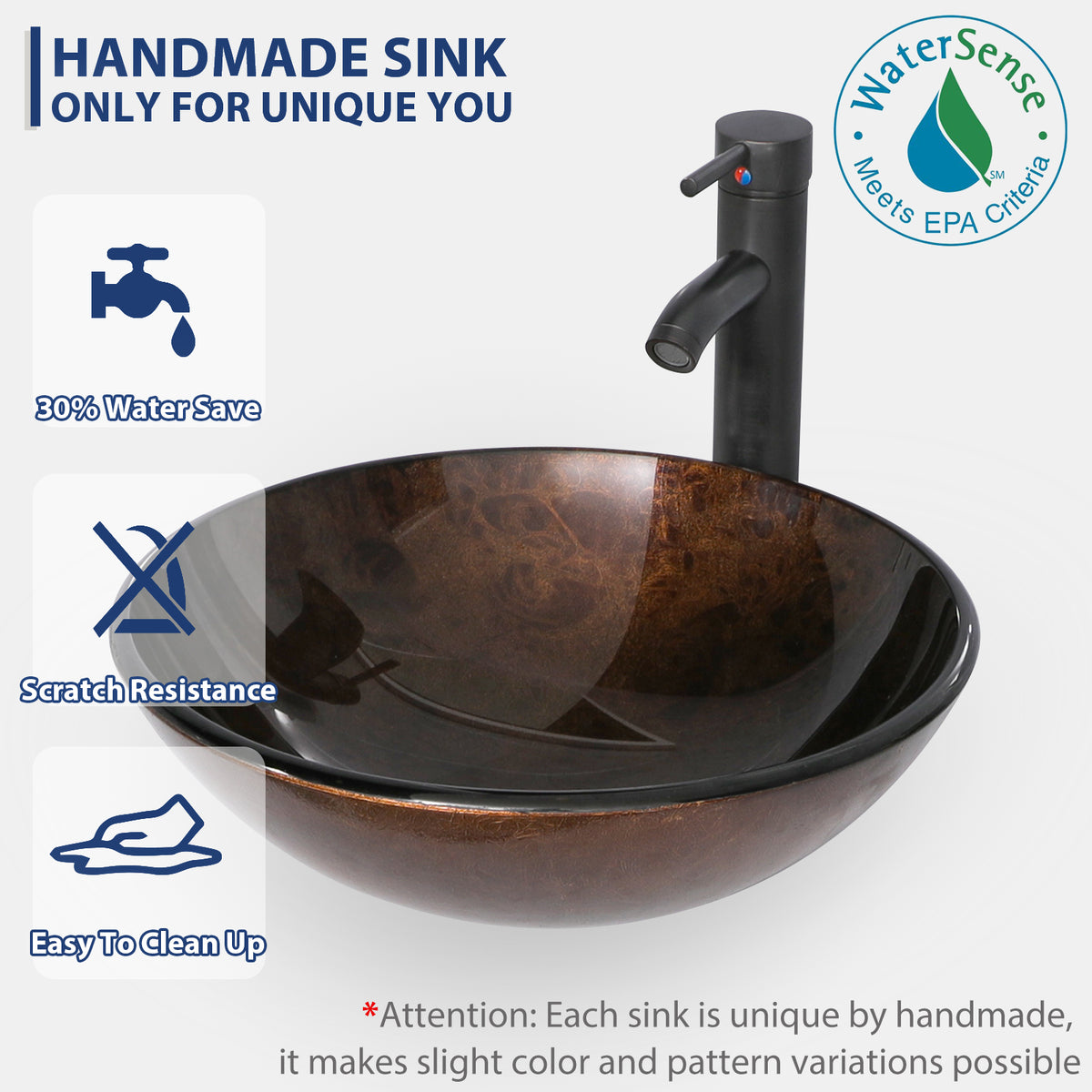 Bathroom Vessel Sink Combo Tempered Glass Bowl & Faucet & Pop Up Drain—Brown Round