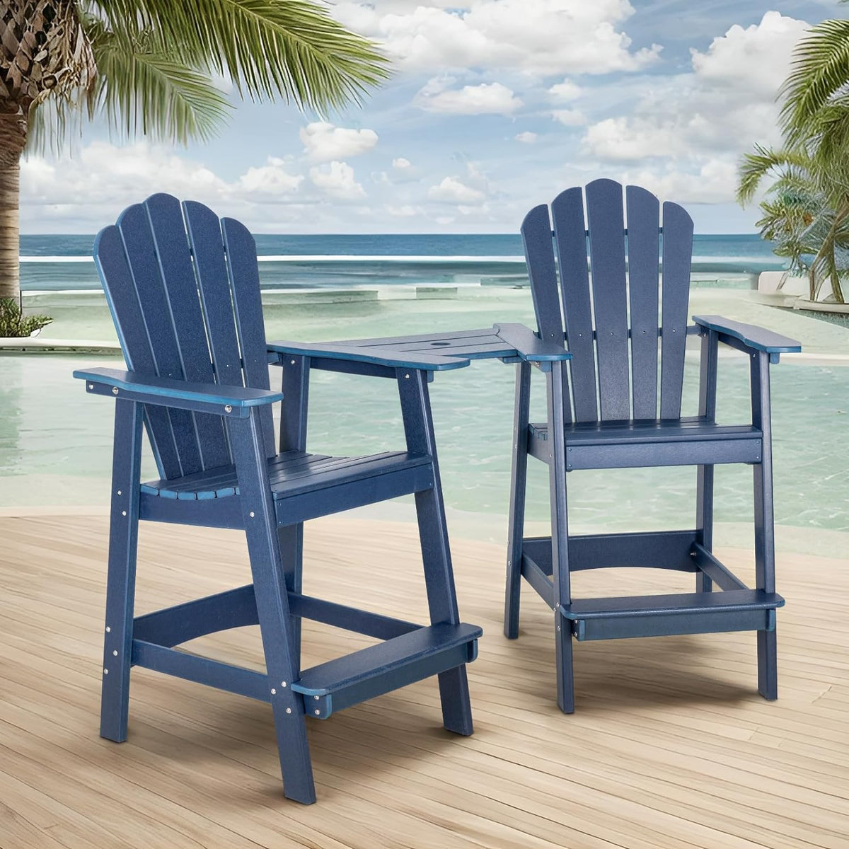 Tall Adirondack Chair Set of 2, HDPE Adirondack Barstools, Double Balcony Chairs with Connecting Tray