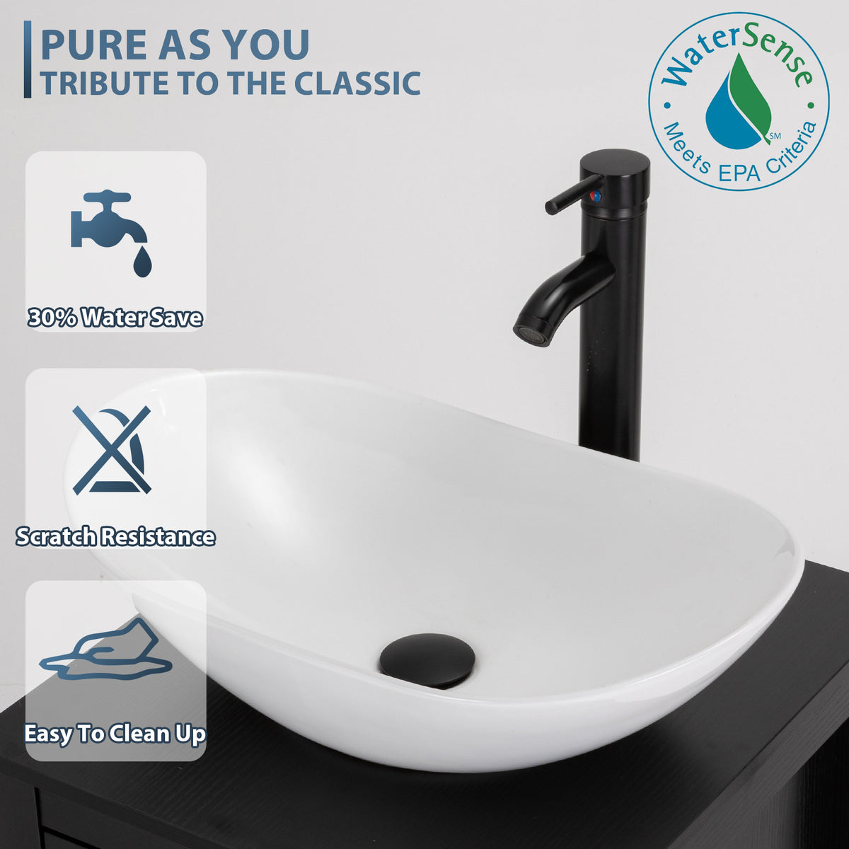 Bathroom Vessel Sink Combo Ceramic Bowl & Faucet & Pop Up Drain - White Boat