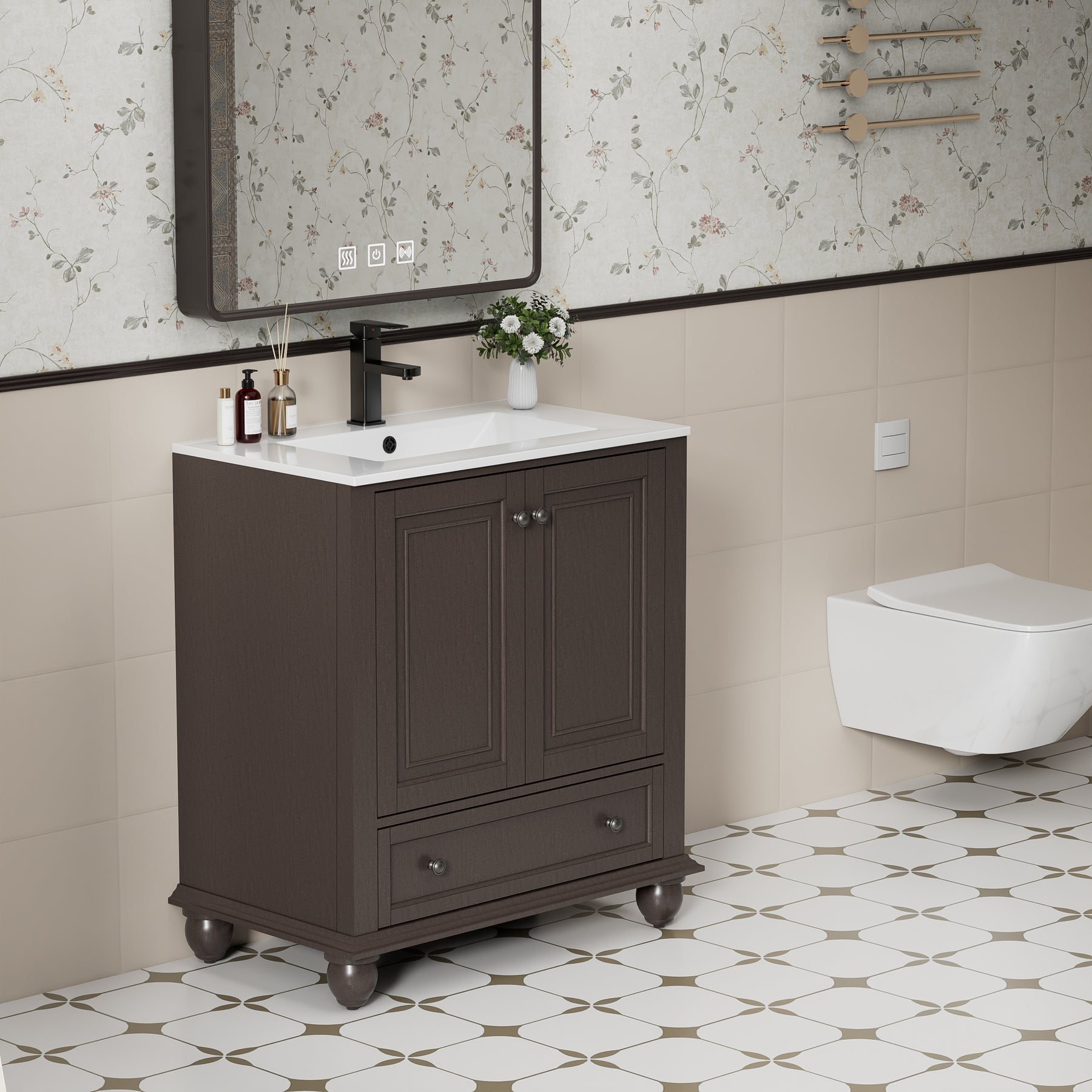 Retro 30" Freestanding Bathroom Vanity Combo with Single Undermount Sink, French Style