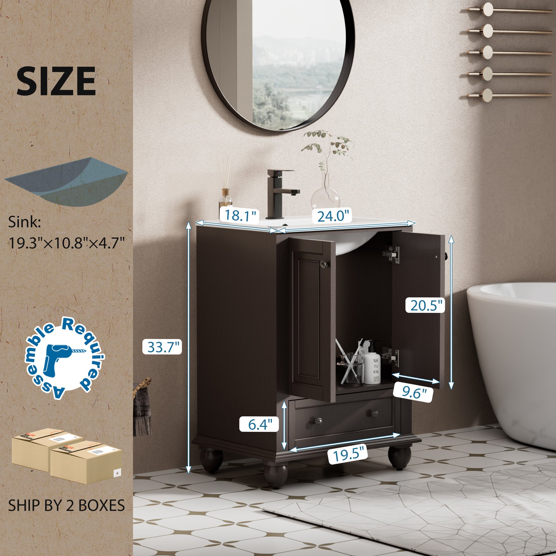 Retro 24" Freestanding Bathroom Vanity Combo with Single Undermount Sink, French Style