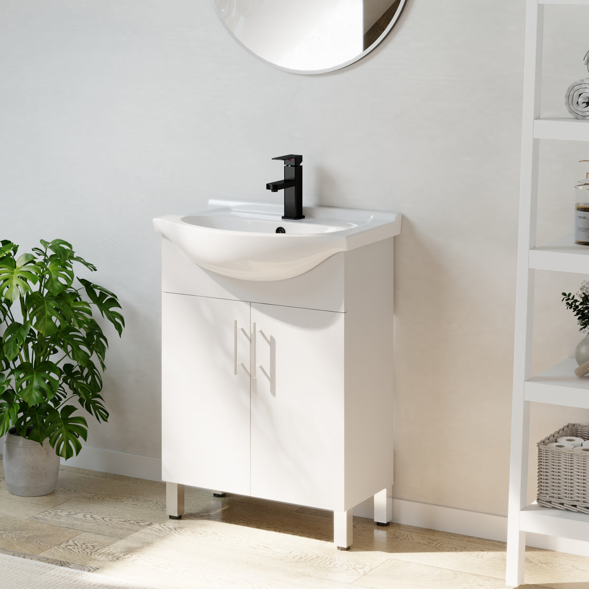 24" Freestanding Bathroom Vanities with Belly Bowl Ceramic Sink Combo Set with Integrated Sink