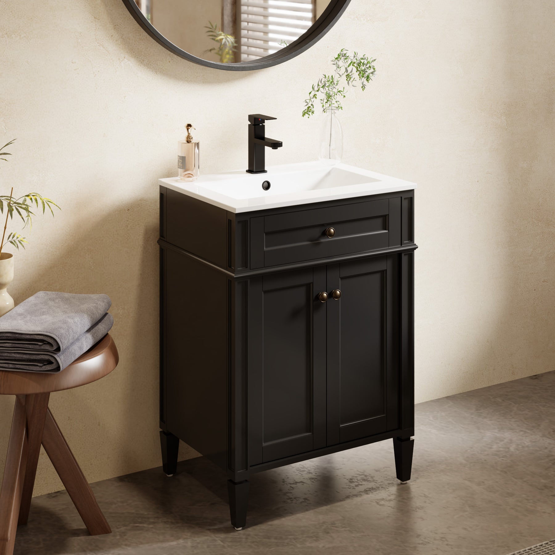 Retro 24" Freestanding Bathroom Vanity Combo with Single Undermount Sink, Square Column