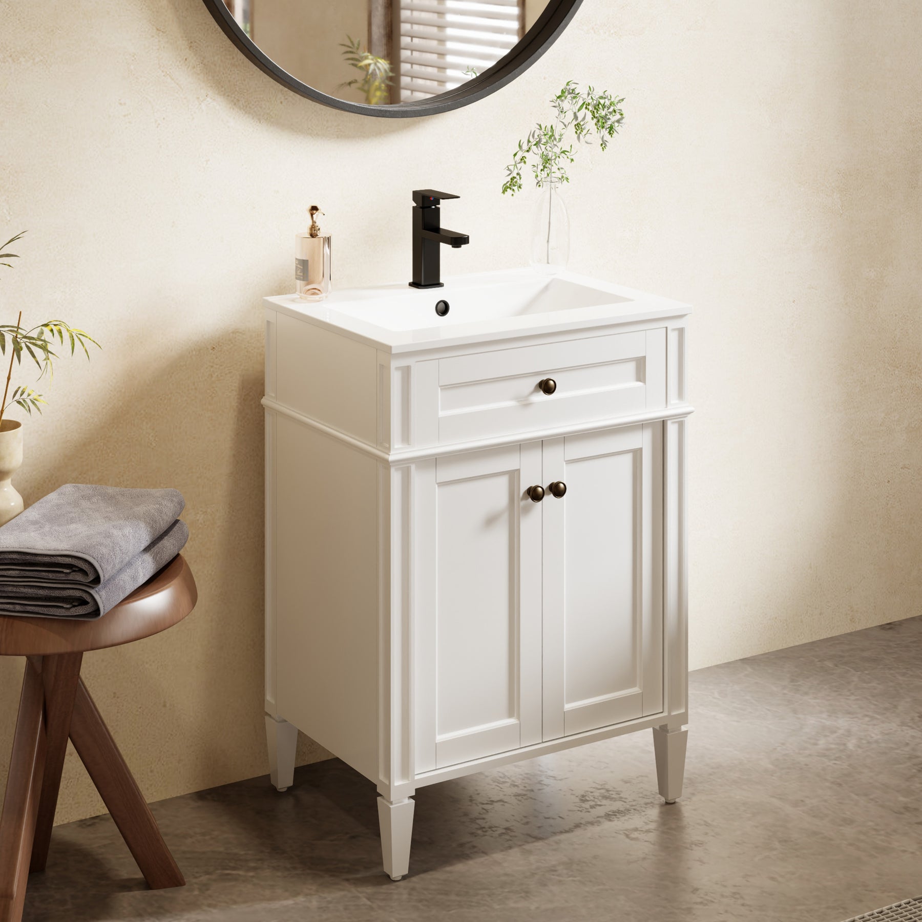 Retro 24" Freestanding Bathroom Vanity Combo with Single Undermount Sink, Square Column