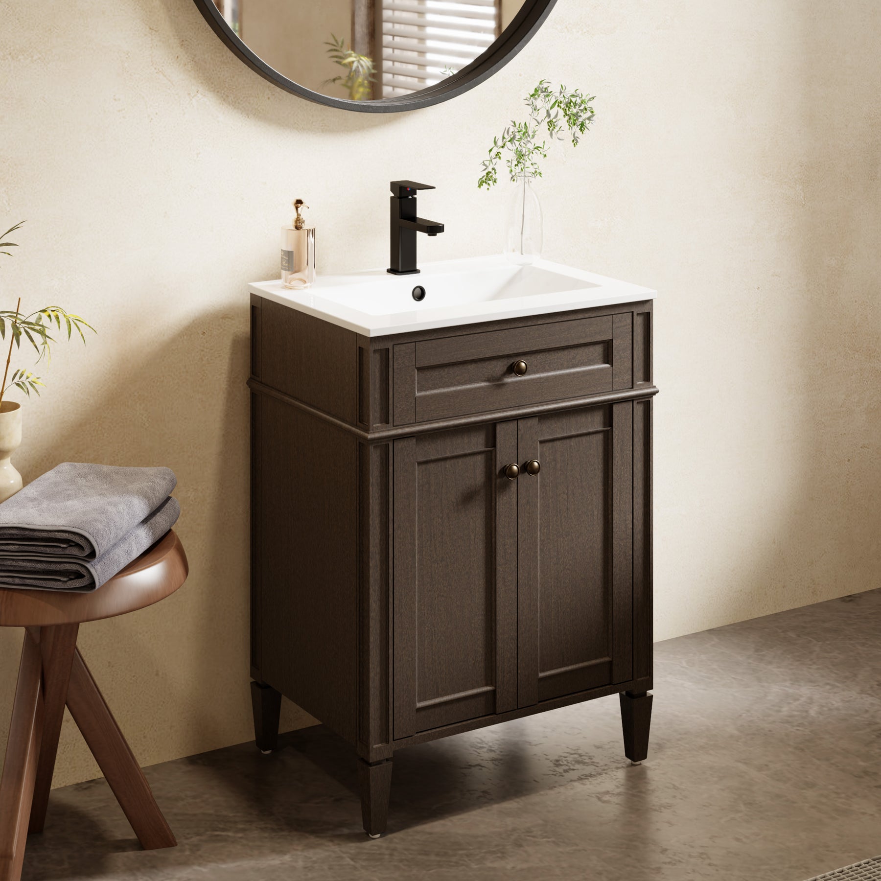 Retro 24" Freestanding Bathroom Vanity Combo with Single Undermount Sink, Square Column