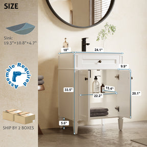 Retro 24" Freestanding Bathroom Vanity Combo with Single Undermount Sink, Square Column