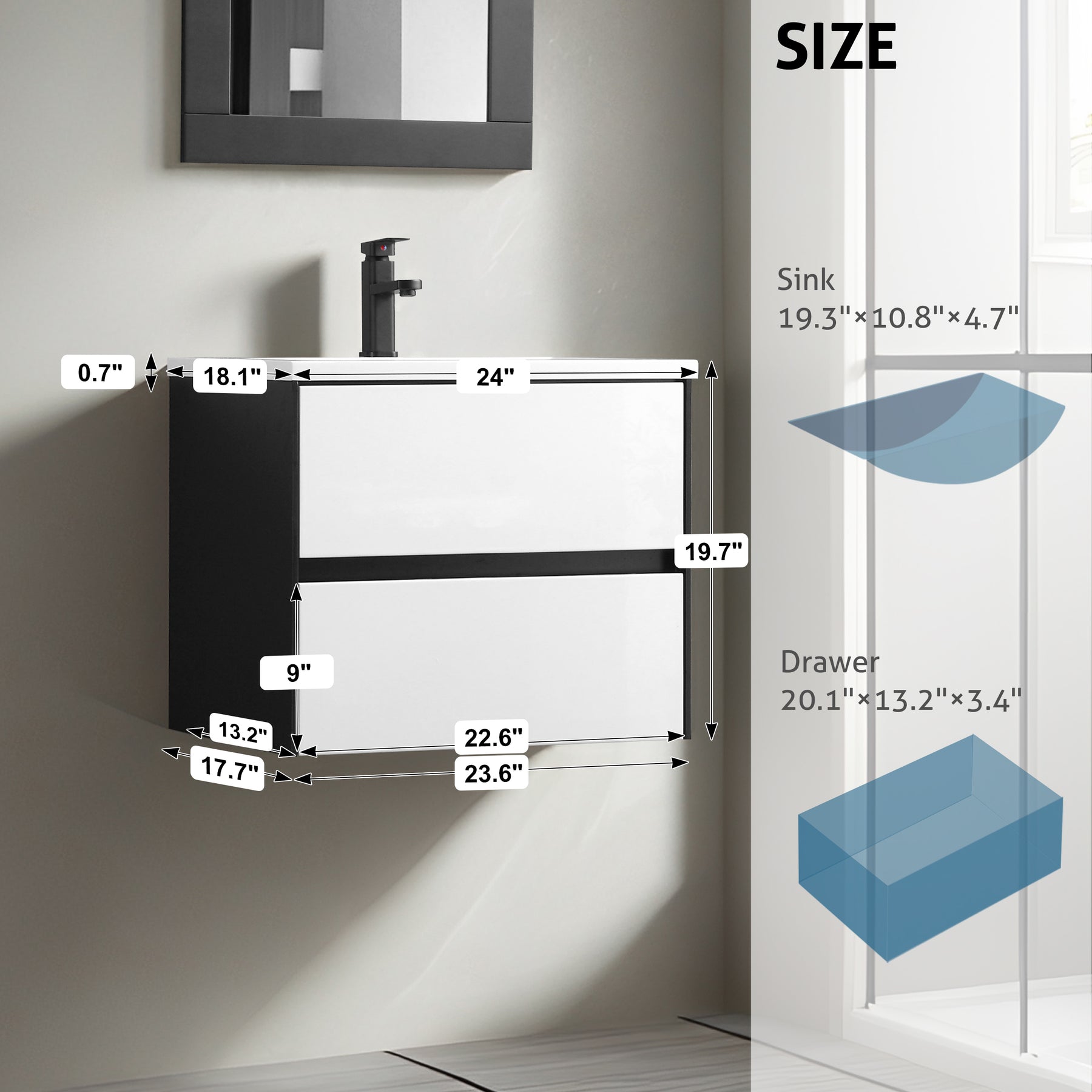 Minimalist 24" Panda Color Wall Mounted Bathroom Vanity Combo with Single Undermount Sink