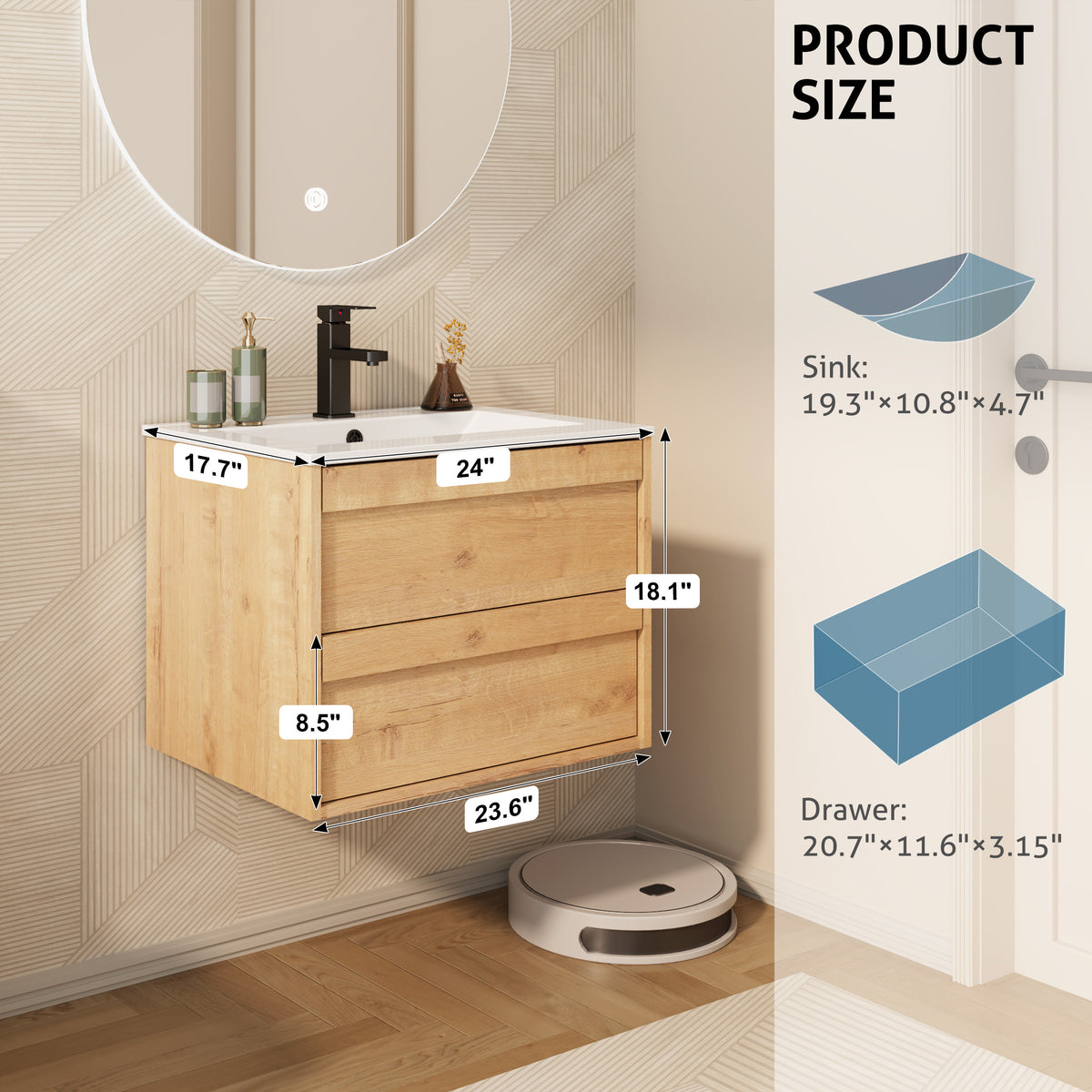 24" Wall Mounted Bathroom Vanity Combo with Single Undermount Sink — Oak