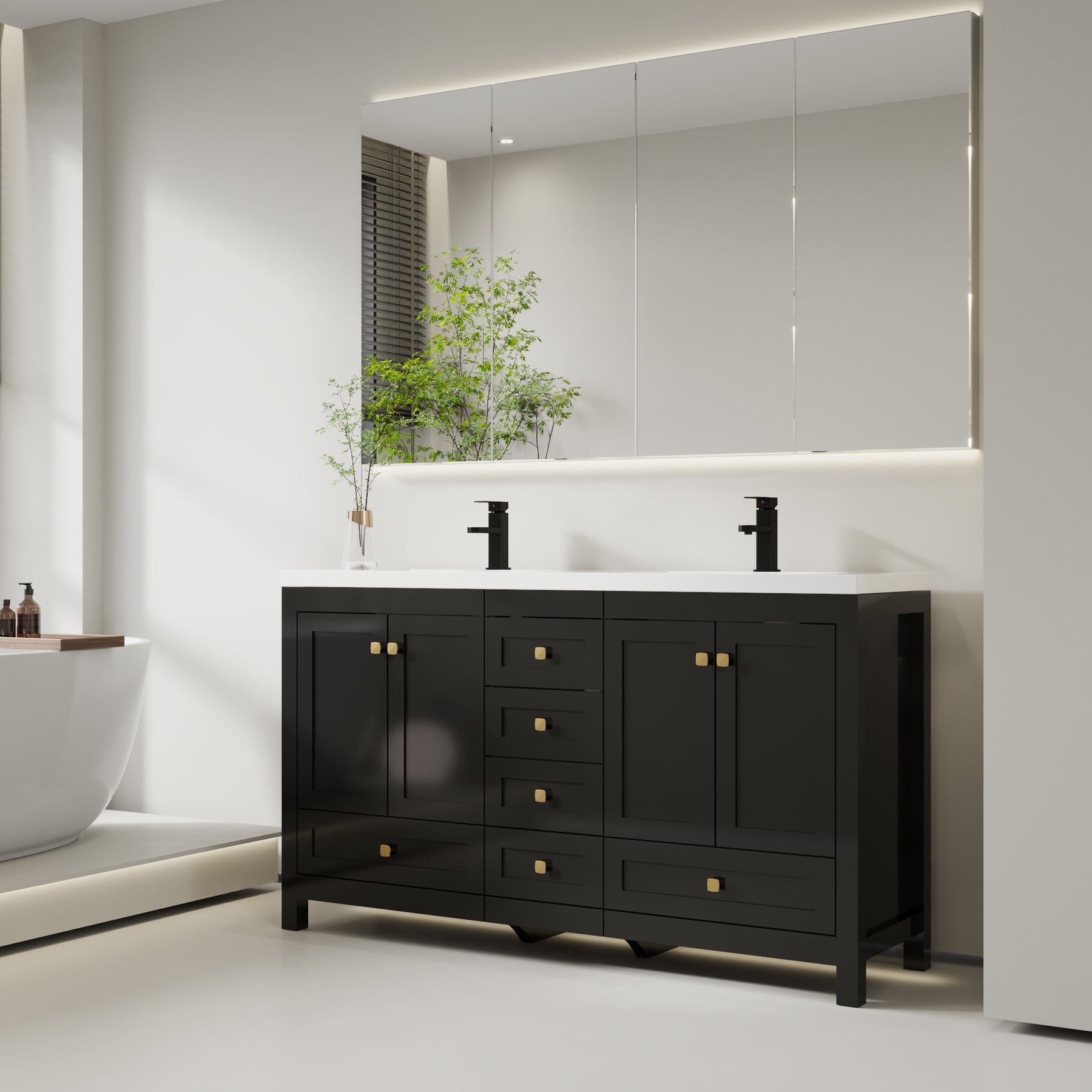 Modern 60" Freestanding Bathroom Vanity Combo with Double Undermount Sinks