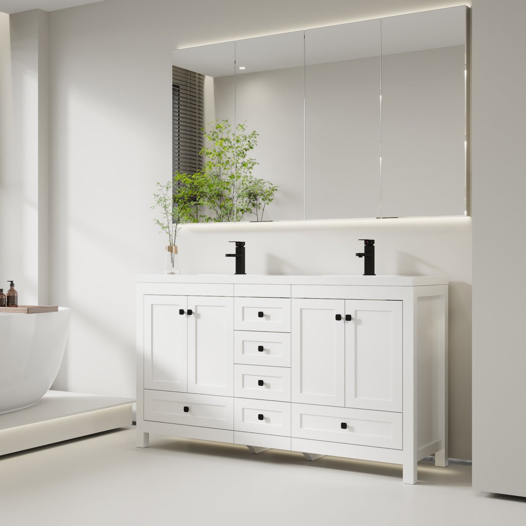 Modern 60" Freestanding Bathroom Vanity Combo with Double Undermount Sinks