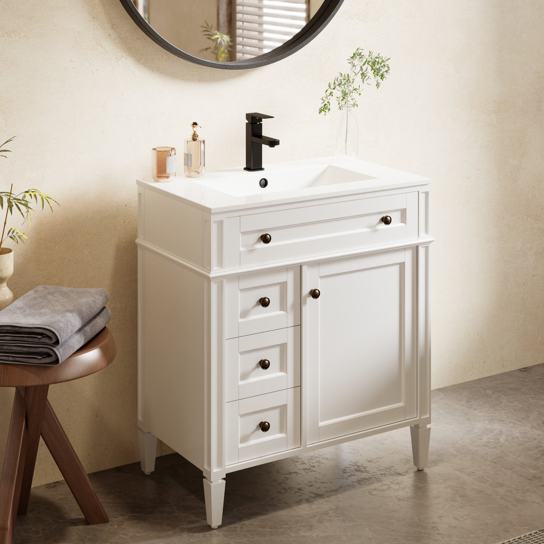 Retro 30" Freestanding Bathroom Vanity Combo with Single Undermount Sink, Square Column