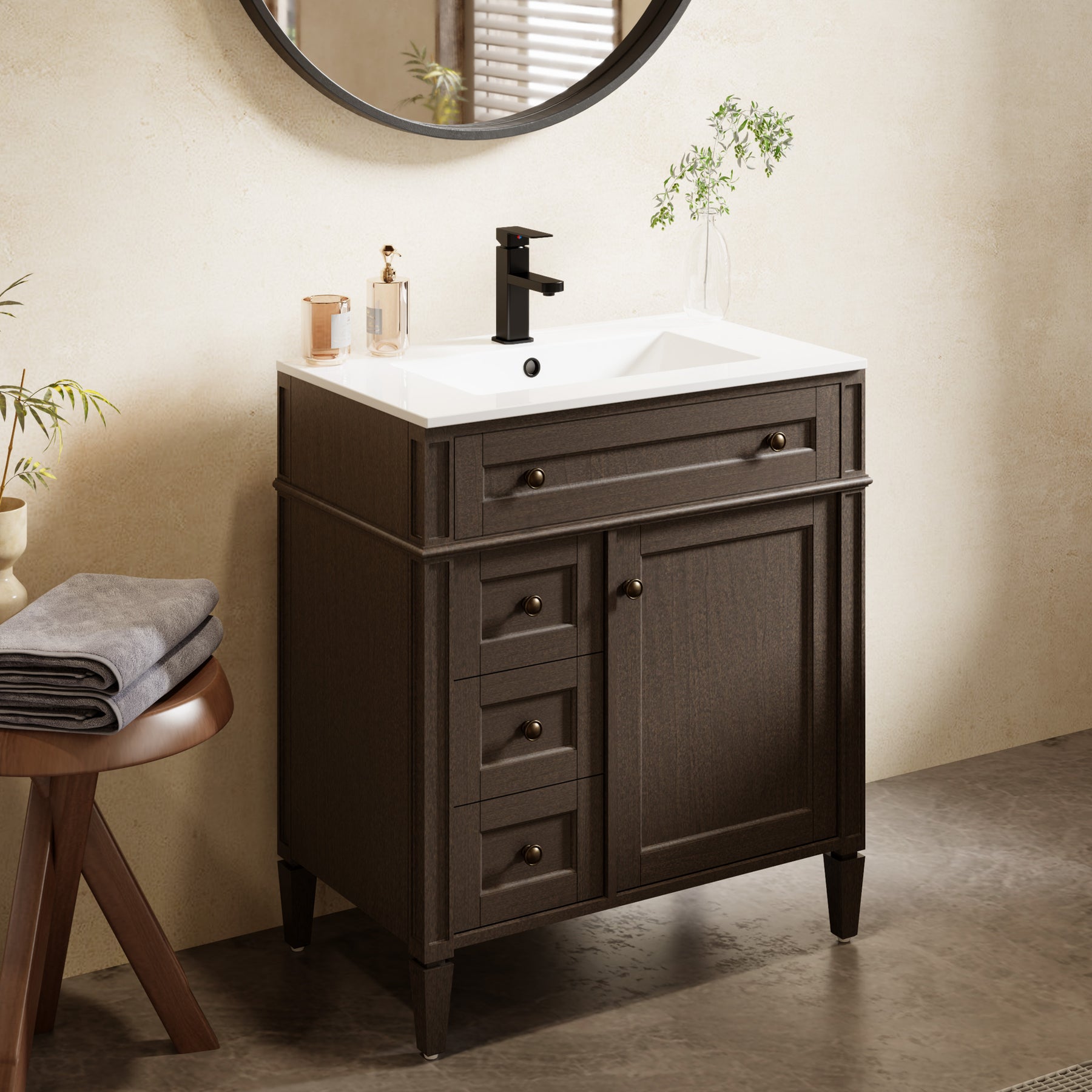 Retro 30" Freestanding Bathroom Vanity Combo with Single Undermount Sink, Square Column