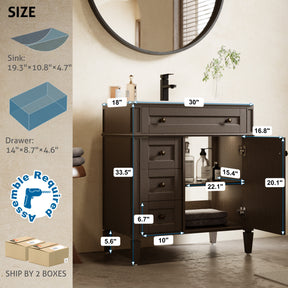 Retro 30" Freestanding Bathroom Vanity Combo with Single Undermount Sink, Square Column