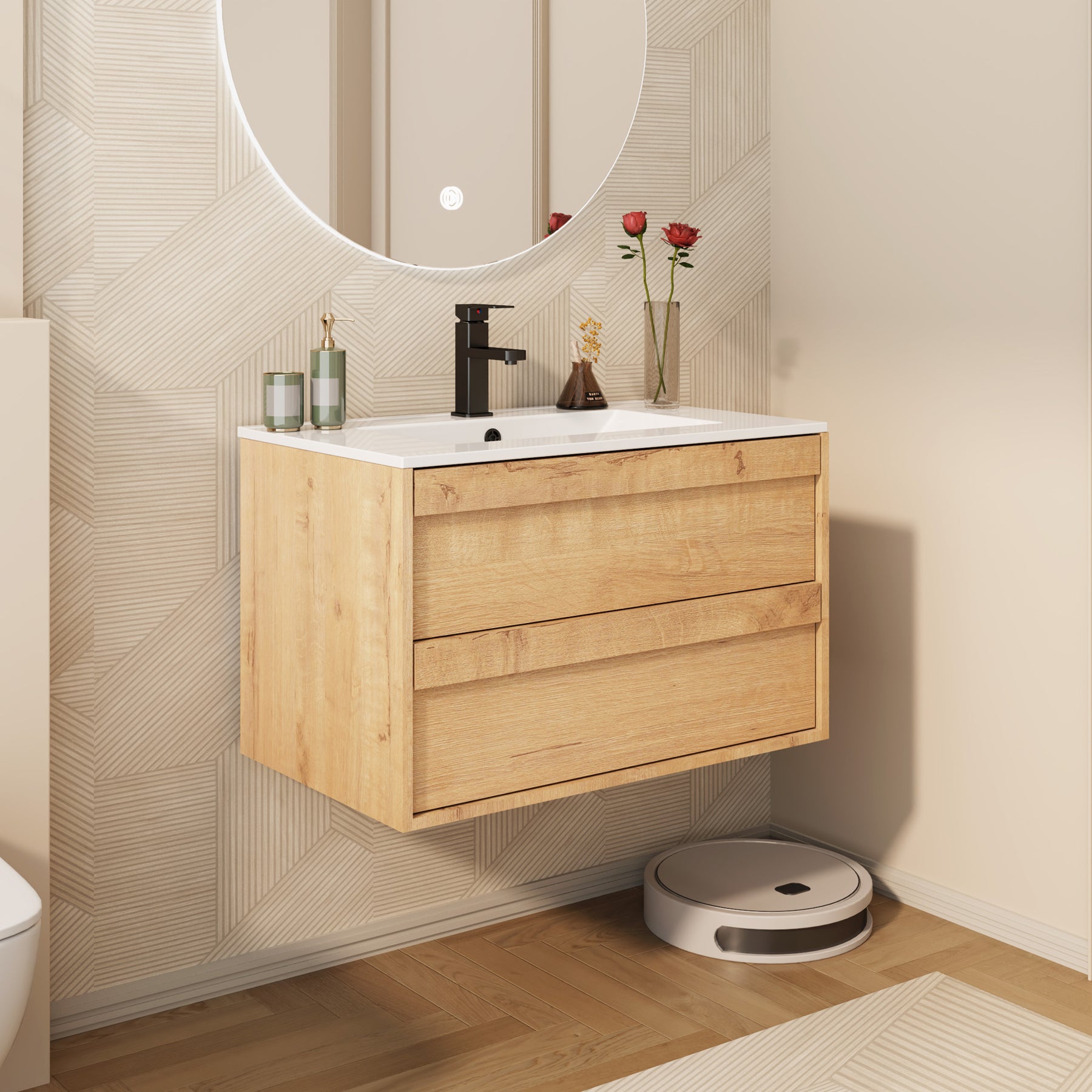 Minimalist  30" Oak Wall Mounted Bathroom Vanity Combo with Single Undermount Sink