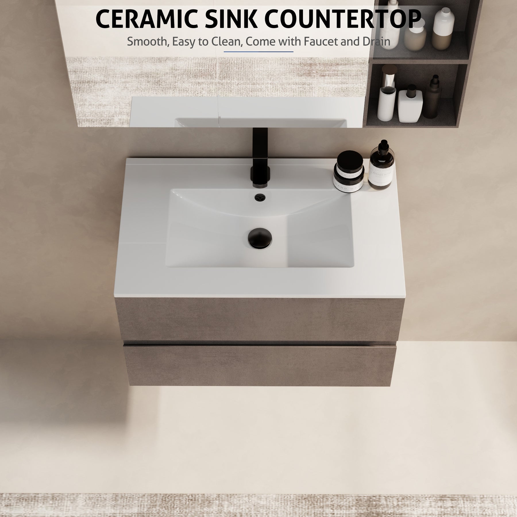 Minimalist 30" Cement Grey Wall Mounted Bathroom Vanity Combo with Single Undermount Sink