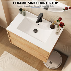 Minimalist  30" Oak Wall Mounted Bathroom Vanity Combo with Single Undermount Sink