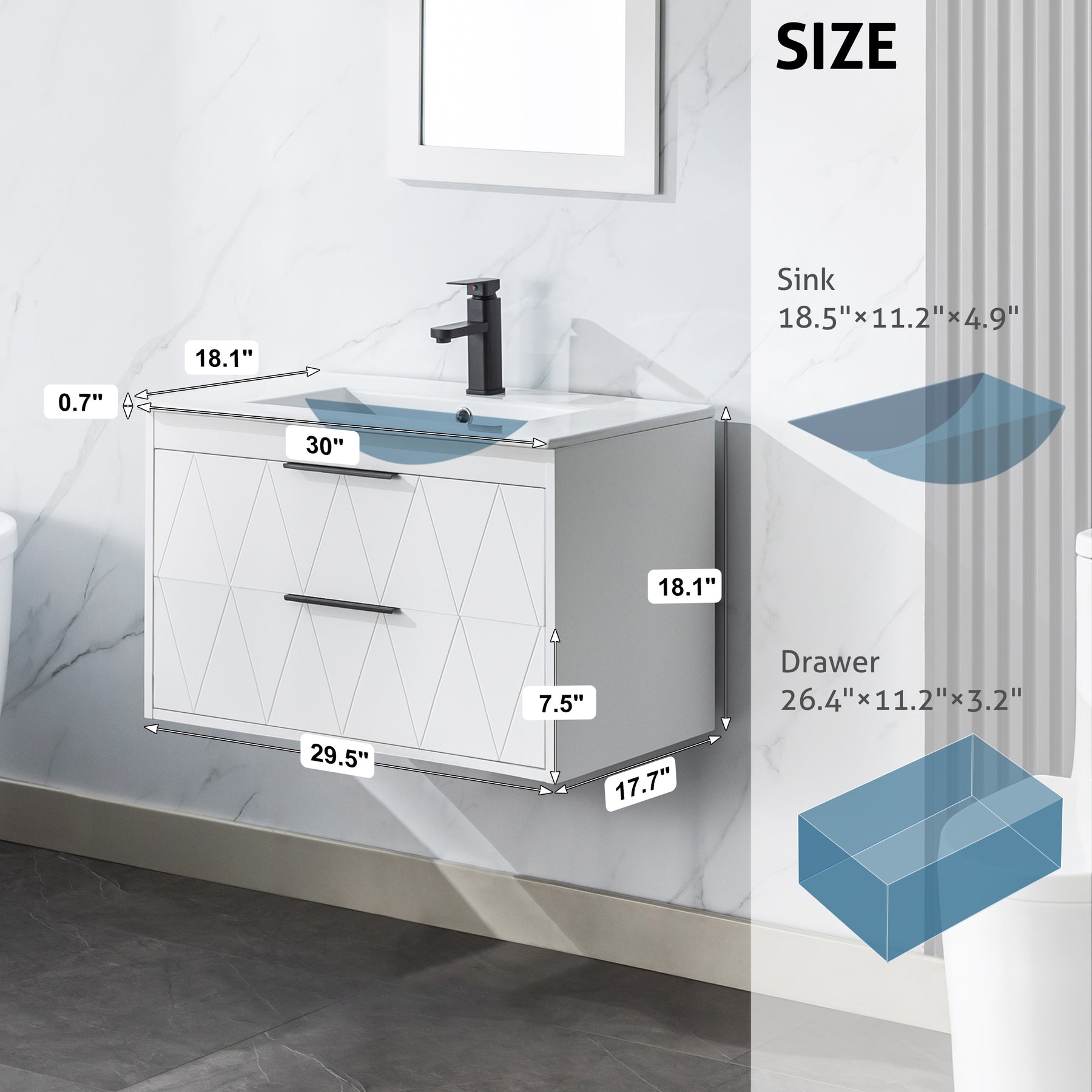 Linear 30" Wall Mounted Bathroom Vanity Combo with Single Undermount Sink