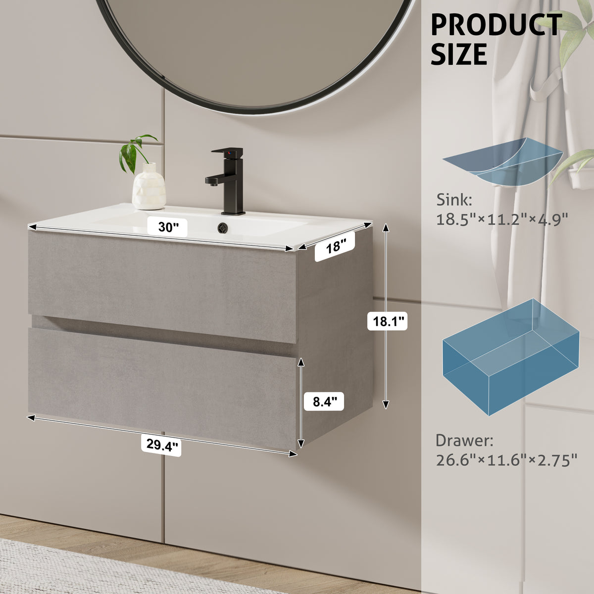 30" Wall Mounted Bathroom Vanity Combo with Single Undermount Sink— Cement Grey