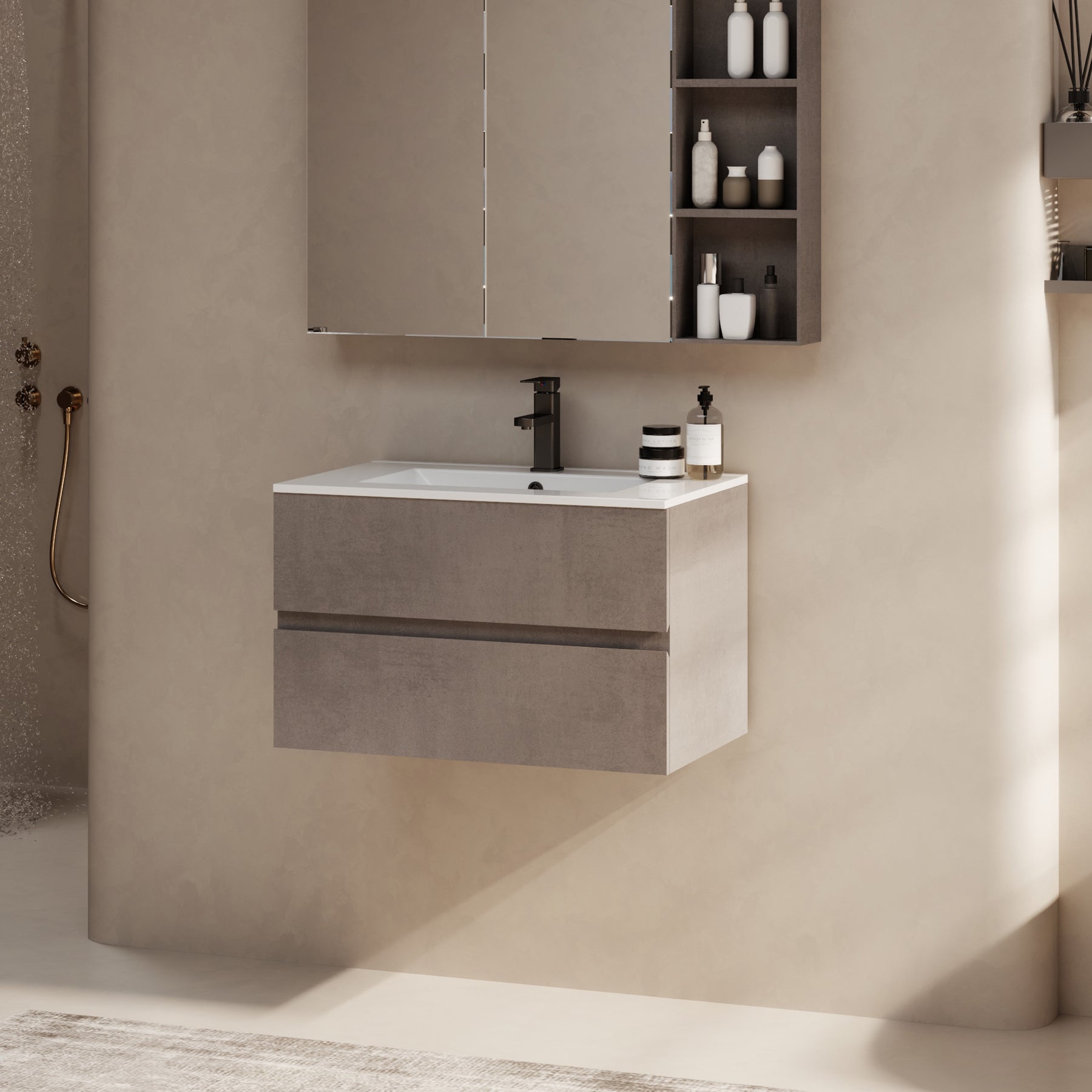 Minimalist 30" Cement Grey Wall Mounted Bathroom Vanity Combo with Single Undermount Sink