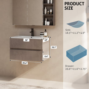 Minimalist 30" Cement Grey Wall Mounted Bathroom Vanity Combo with Single Undermount Sink