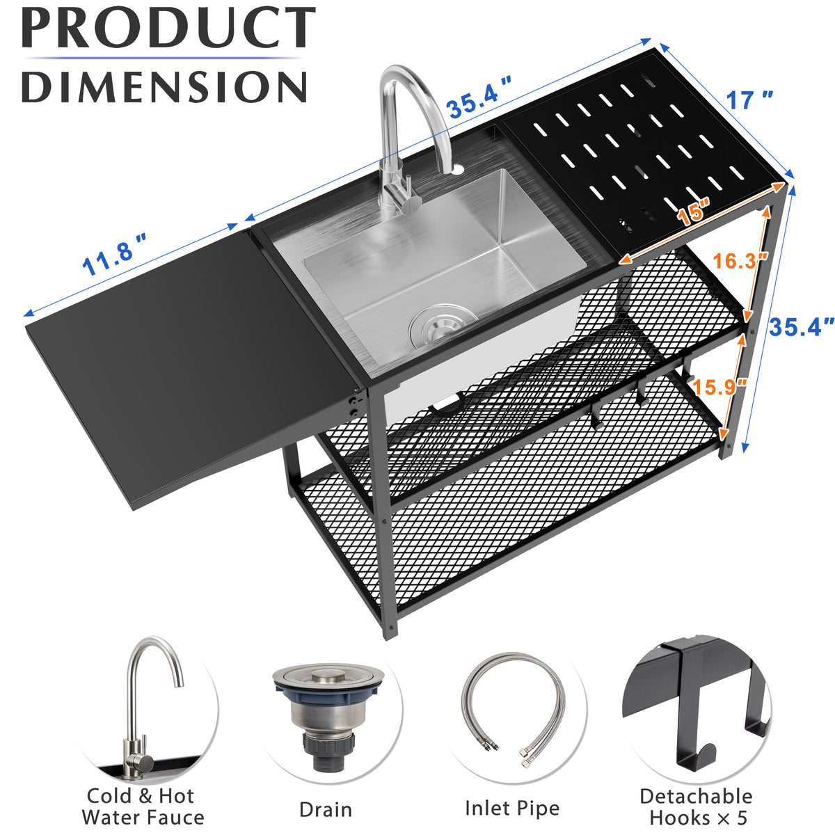 Outdoor 36" Freestanding Outdoor Utility Sink with Stainless Steel Single Bowl, Foldable Countertop and Cold & Hot Water Faucet