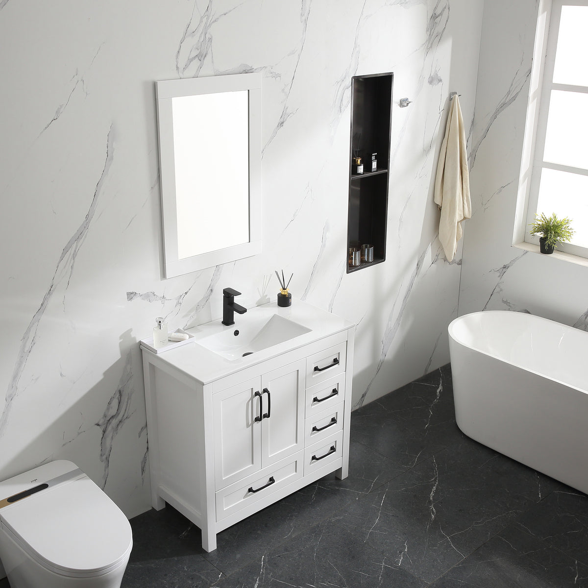 Bathroom Vessel Sink Undermount Combo Ceramic Bowl & Faucet & Pop Up Drain - White