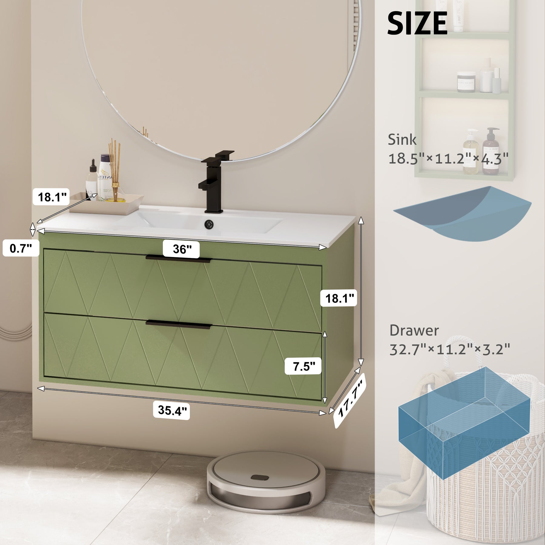 Linear 36" Wall Mounted Bathroom Vanity Combo with Single Undermount Sink