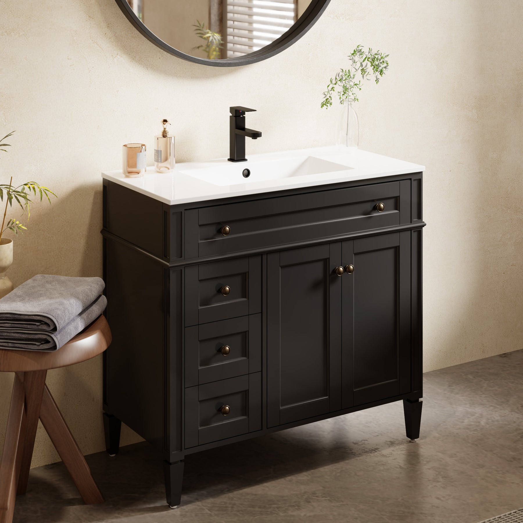 Retro 36" Freestanding Bathroom Vanity Combo with Single Undermount Sink, Square Column