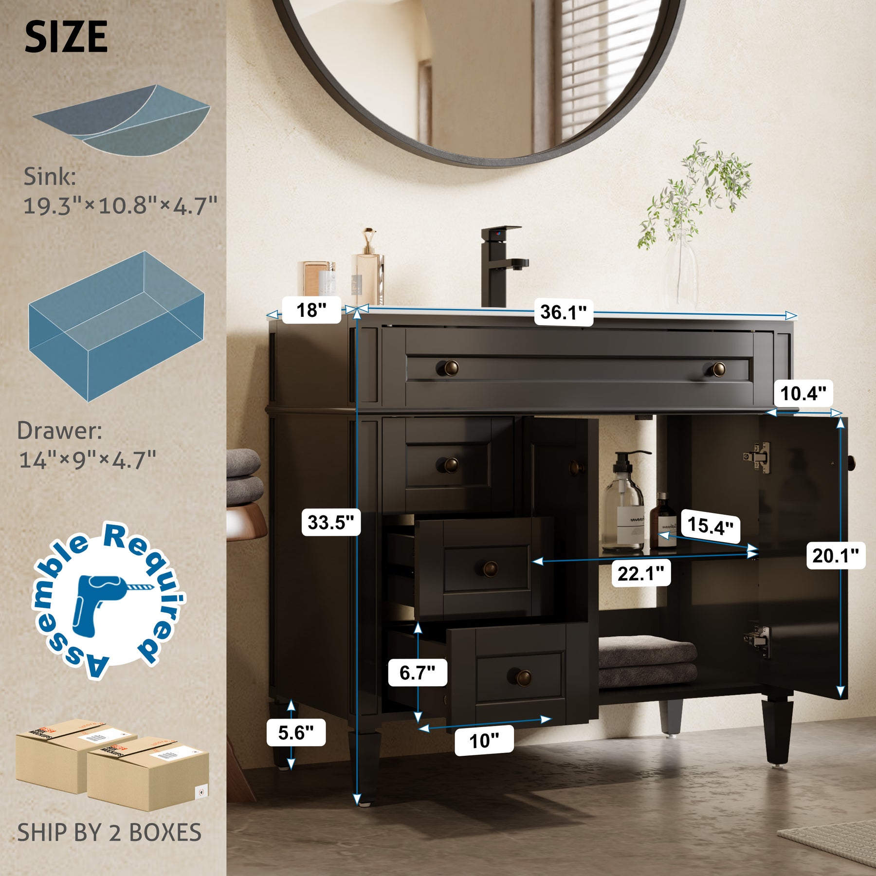 Retro 36" Freestanding Bathroom Vanity Combo with Single Undermount Sink, Square Column