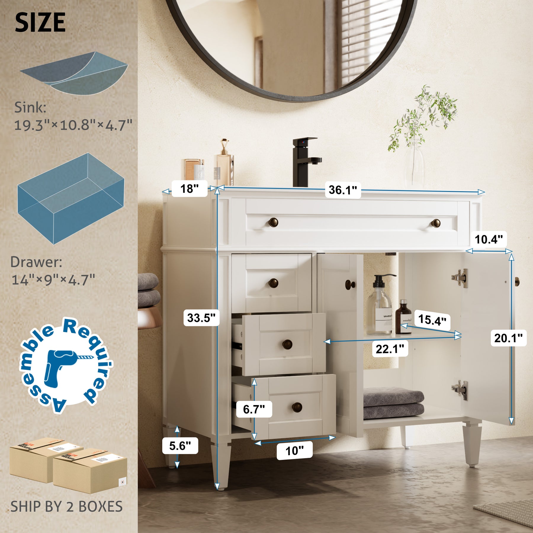 Retro 36" Freestanding Bathroom Vanity Combo with Single Undermount Sink, Square Column