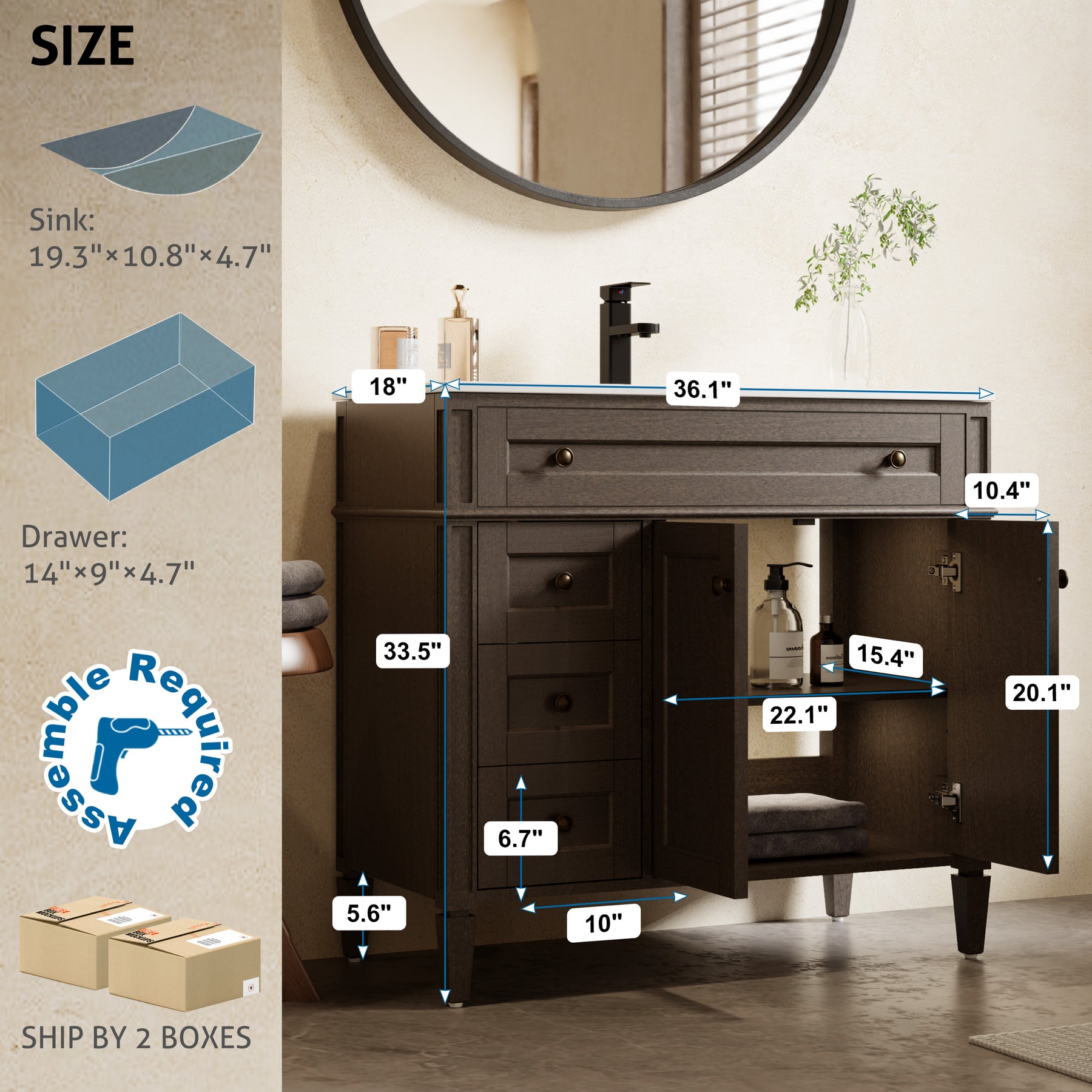 Retro 36" Freestanding Bathroom Vanity Combo with Single Undermount Sink, Square Column