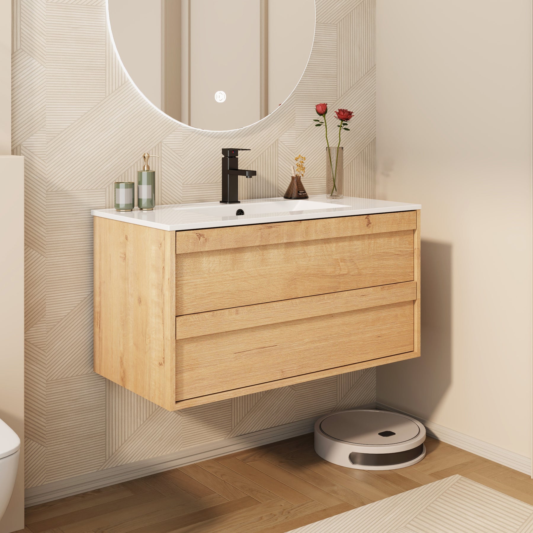 Minimalist 36" Oak Wall Mounted Bathroom Vanity Combo with Single Undermount Sink