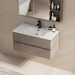 Minimalist  36" Cement Grey Wall Mounted Bathroom Vanity Combo with Single Undermount Sink