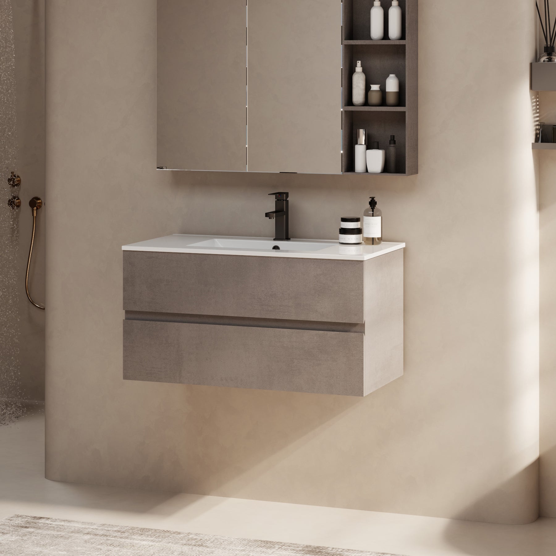 Minimalist  36" Cement Grey Wall Mounted Bathroom Vanity Combo with Single Undermount Sink