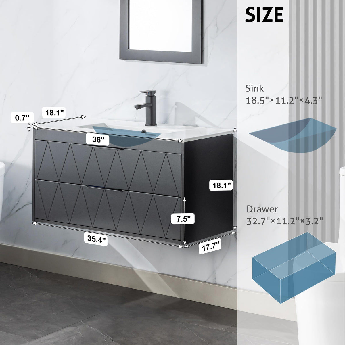 Linear 36" Wall Mounted Bathroom Vanity Combo with Single Undermount Sink