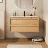 Minimalist 36" Oak Wall Mounted Bathroom Vanity Combo with Single Undermount Sink