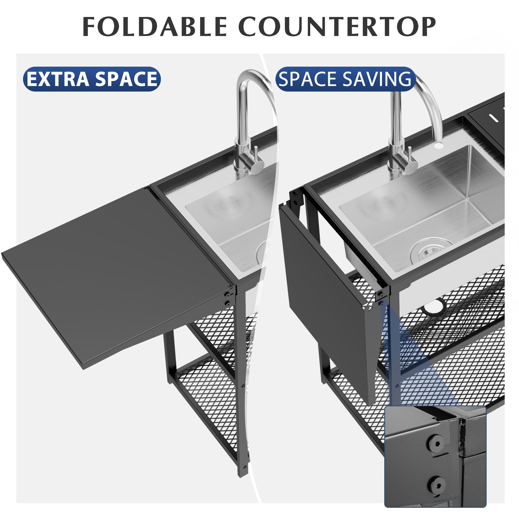 Outdoor 36" Freestanding Outdoor Utility Sink with Stainless Steel Single Bowl, Foldable Countertop and Cold & Hot Water Faucet