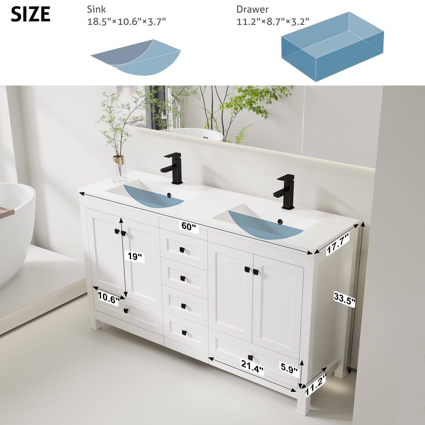 Modern 60" Freestanding Bathroom Vanity Combo with Double Undermount Sinks