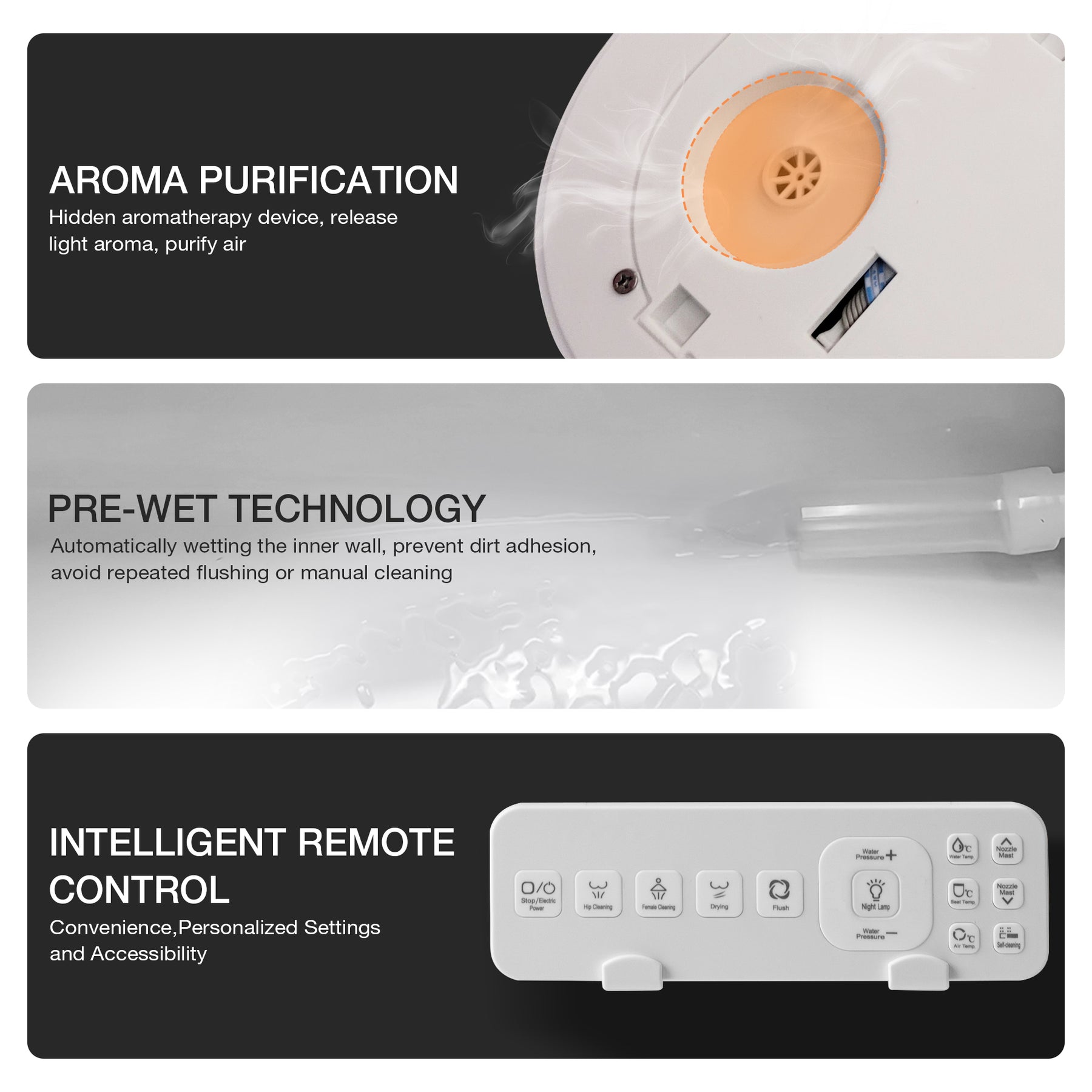 Smart Bidet Toilets Tankless Pre-wet, Self-cleaning, Nightlight, Auto Flush Heated Seat, Remote Control（003）