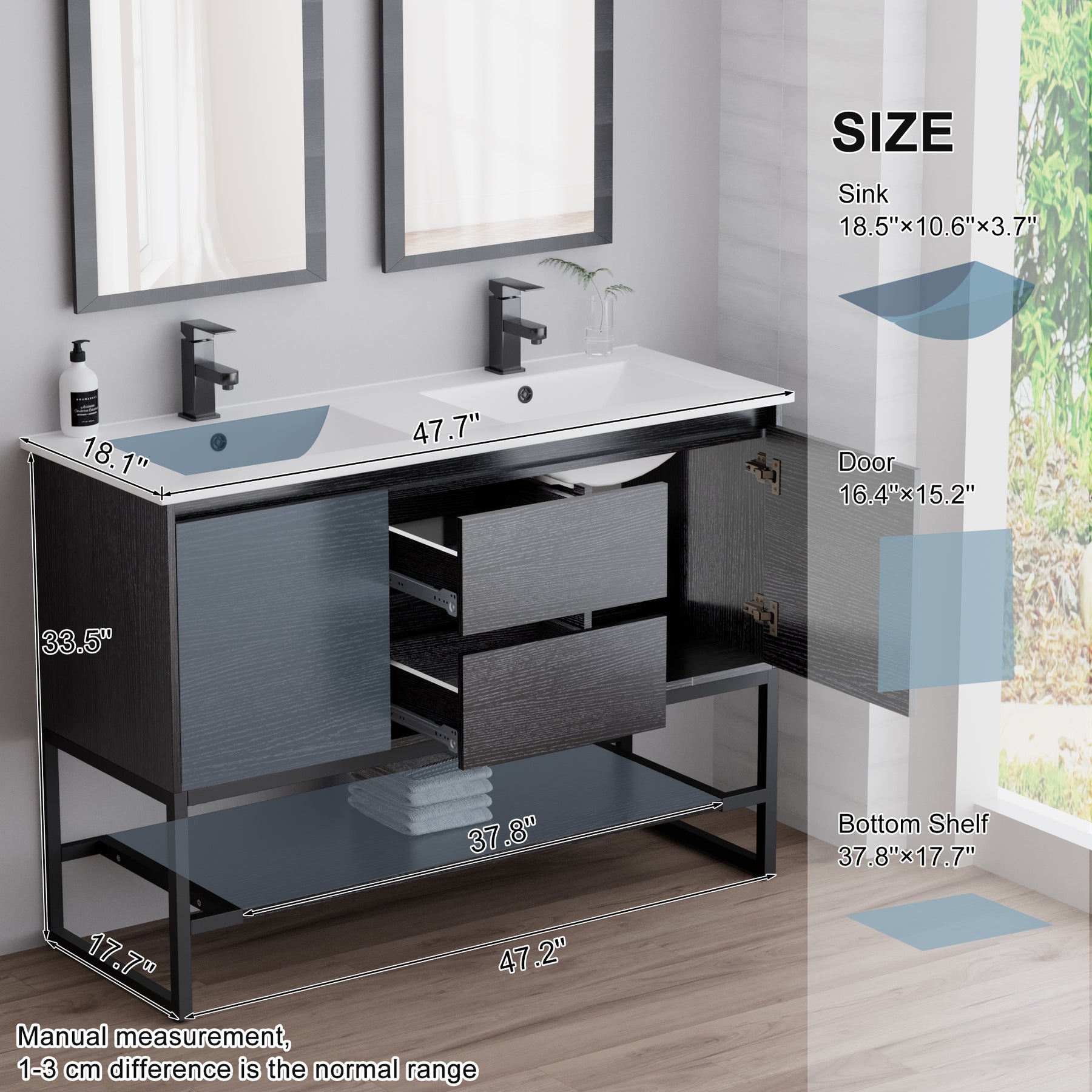 Industrial 48" Freestanding Bathroom Vanity Combo with Double Undermount Sinks and Metal Frame