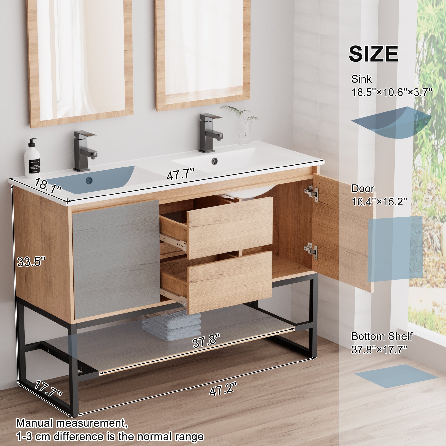 Industrial 48" Freestanding Bathroom Vanity Combo with Double Undermount Sinks and Metal Frame