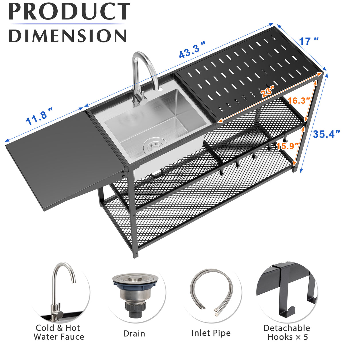 Outdoor 44" Freestanding Outdoor Utility Sink with Stainless Steel Single Bowl, Foldable Countertop and Cold & Hot Water Faucet