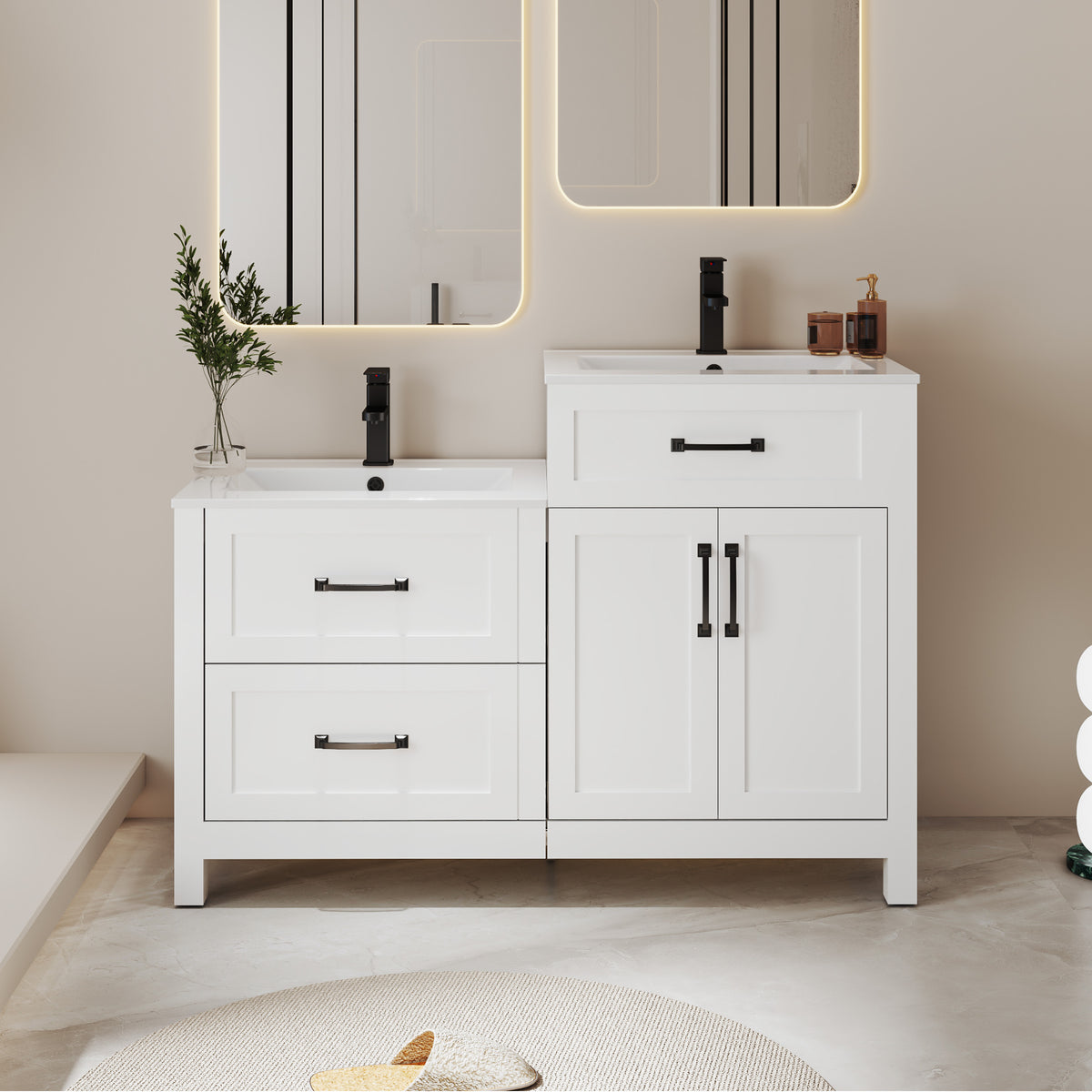 Modern 48" Freestanding Bathroom Vanity Combo with Double Undermount Sinks,Different Heights