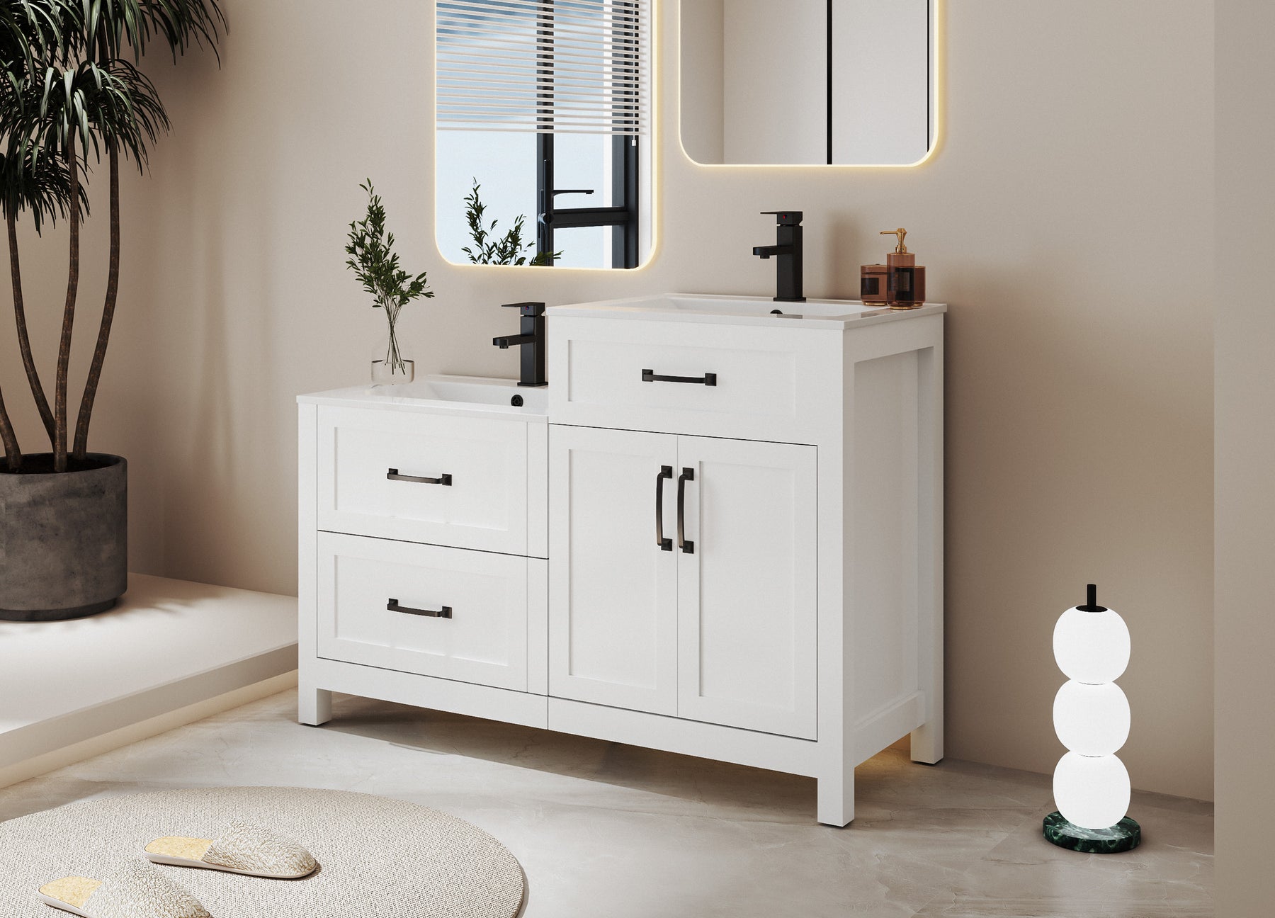 Modern 48" Freestanding Bathroom Vanity Combo with Double Undermount Sinks,Different Heights